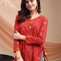 Youthnic Women Bandhani Print Peplum Kurti With Tassles and Kodi