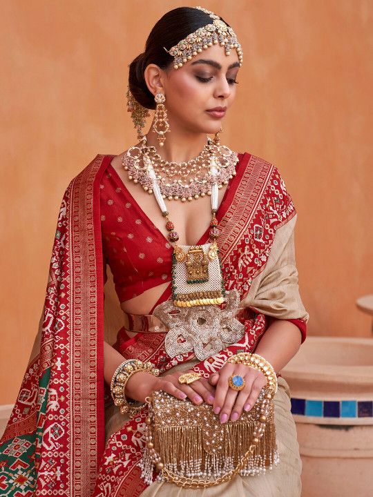 Anouk Cream-Coloured & Red Woven Design Zari Silk Blend Patola Saree - 3