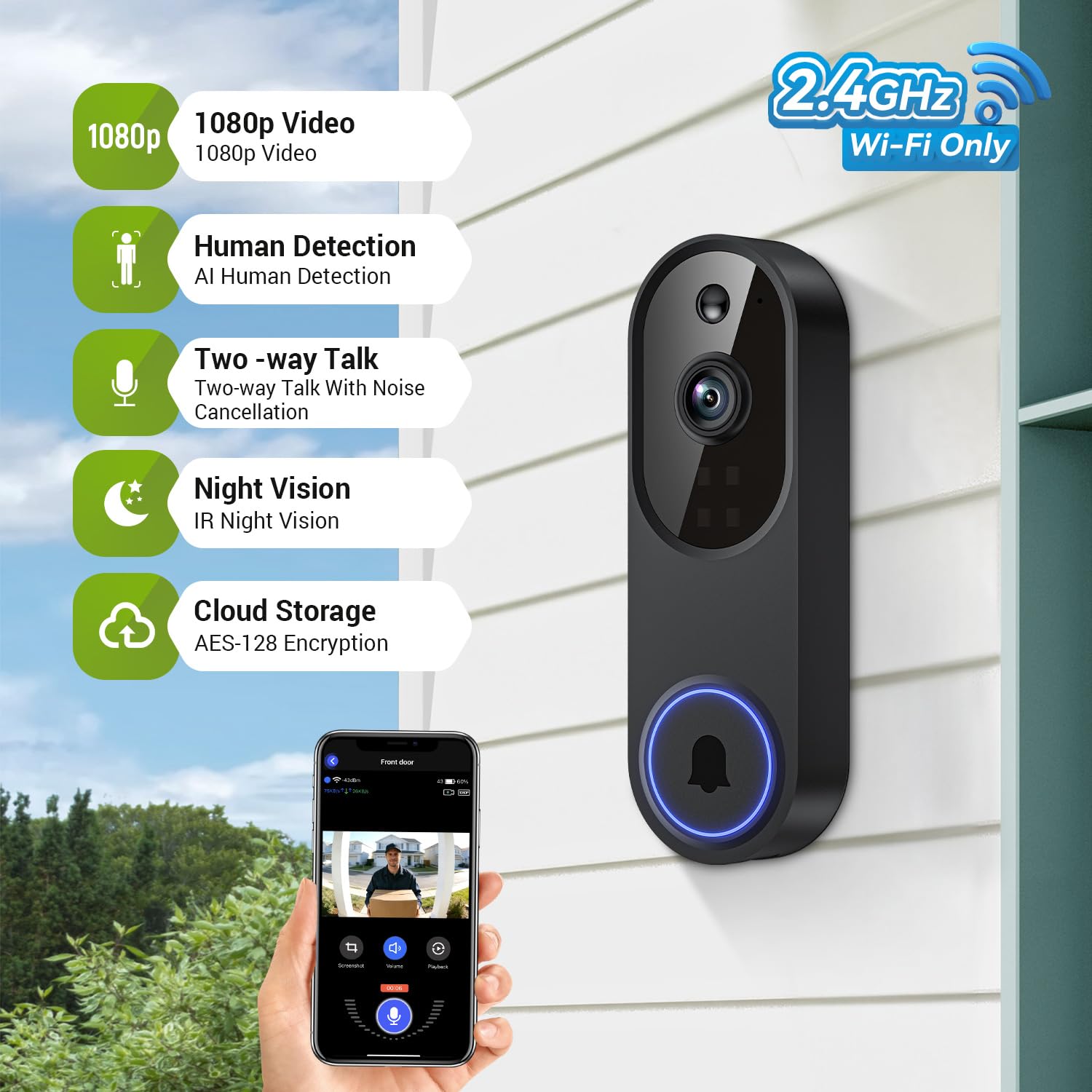 Lunelyx 1080P Wireless Video Doorbell Camera | 2.4G WiFi | AI Human Detection - 2