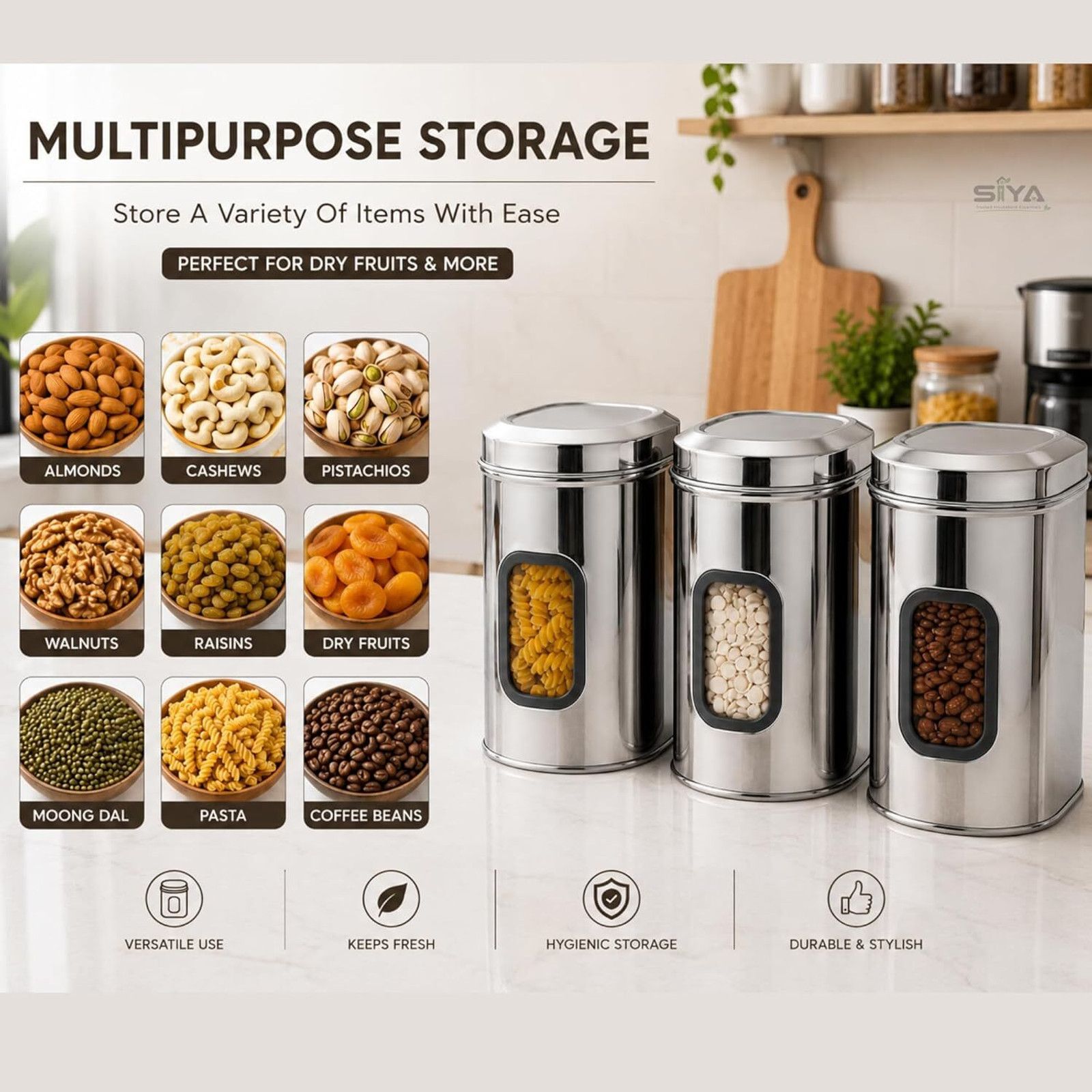 SIYA Stainless Steel Container | 2500 ml | Pack of 3 | Silver - 3