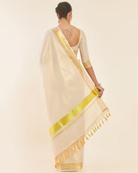 SOCH Gold Tissue Kasavu Saree With Zari Pallu And Borders Saree - 6