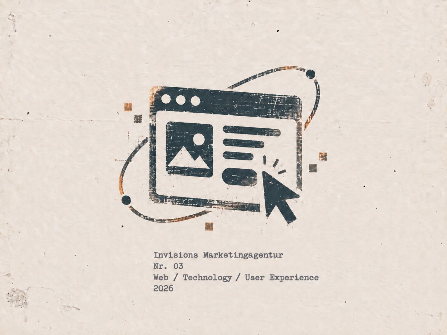 Druckgrafik auf vergilbtem Papier: ein gestempeltes Browserfenster mit Bildplatzhalter, Textzeilen und Mauszeiger, umkreist von einer schrägen Ellipse, dunkles Blau mit orangefarbenem Versatz, darunter getippt Invisions Marketingagentur, Nr. 03, Web / Technology / User Experience, 2026