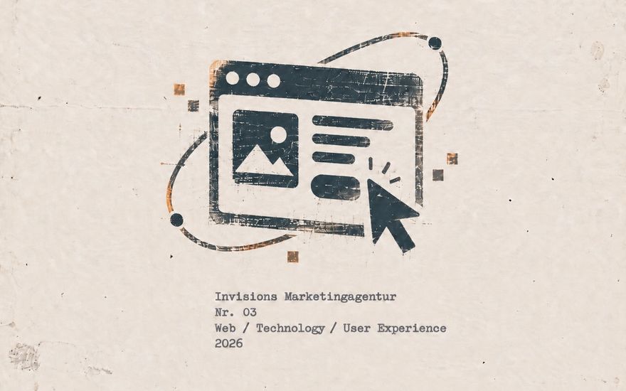 Druckgrafik auf vergilbtem Papier: ein gestempeltes Browserfenster mit Bildplatzhalter, Textzeilen und Mauszeiger, umkreist von einer schrägen Ellipse, dunkles Blau mit orangefarbenem Versatz, darunter getippt Invisions Marketingagentur, Nr. 03, Web / Technology / User Experience, 2026