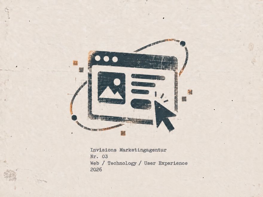 Druckgrafik auf vergilbtem Papier: ein gestempeltes Browserfenster mit Bildplatzhalter, Textzeilen und Mauszeiger, umkreist von einer schrägen Ellipse, dunkles Blau mit orangefarbenem Versatz, darunter getippt Invisions Marketingagentur, Nr. 03, Web / Technology / User Experience, 2026