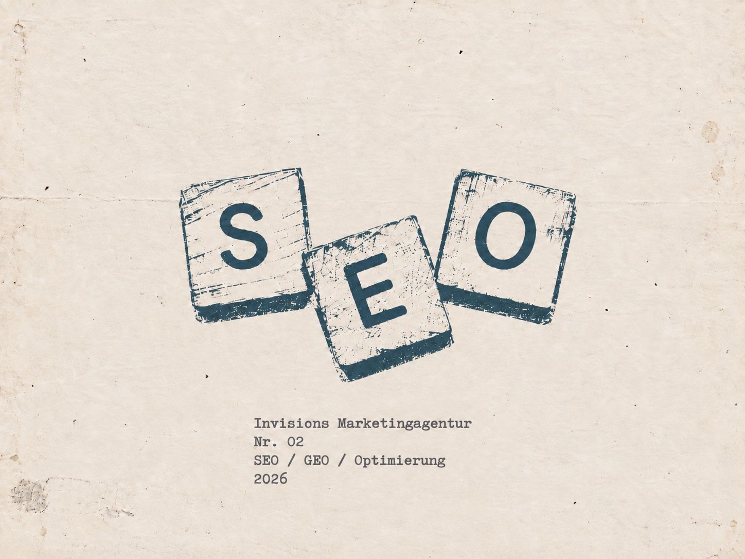 Druckgrafik auf vergilbtem Papier: drei schief ineinandergeschobene Stempelabdrücke mit den Buchstaben S, E und O in dunklem Blau, darunter getippt Invisions Marketingagentur, Nr. 02, SEO / GEO / Optimierung, 2026
