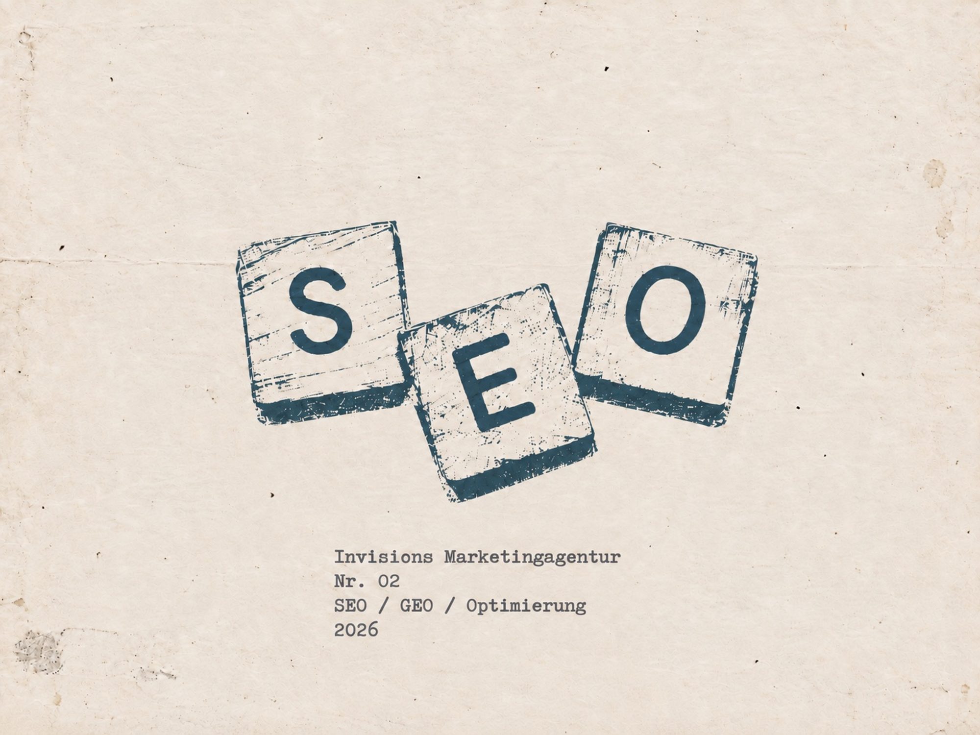 Druckgrafik auf vergilbtem Papier: drei schief ineinandergeschobene Stempelabdrücke mit den Buchstaben S, E und O in dunklem Blau, darunter getippt Invisions Marketingagentur, Nr. 02, SEO / GEO / Optimierung, 2026