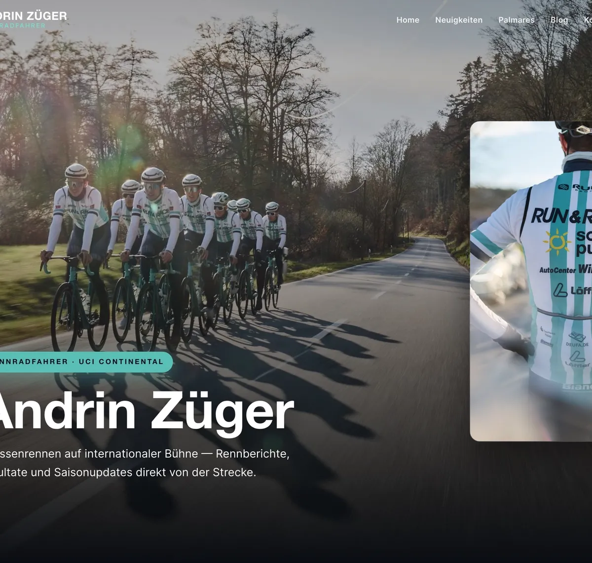 Andrin Züger: Startseite von andrinzueger.ch: das Rennradteam auf der Strasse, daneben das Trikot des Fahrers