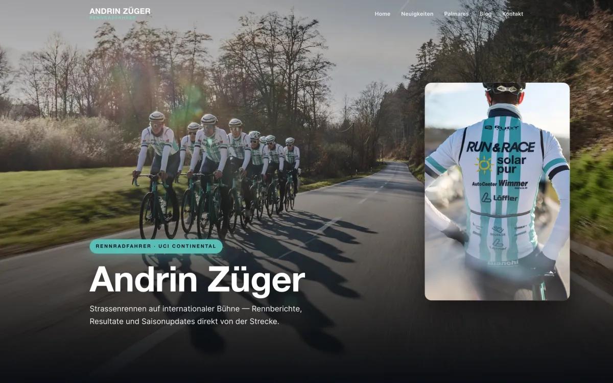 Webentwicklung: Startseite von andrinzueger.ch: das Rennradteam auf der Strasse, daneben das Trikot des Fahrers
