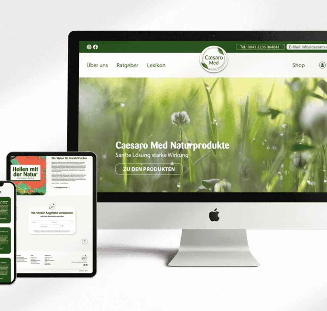 Caesaro Med: Geräteset aus iMac, Tablet und Smartphone zeigt den Shop Caesaro Med Naturprodukte mit einer Wiesenaufnahme im Hero