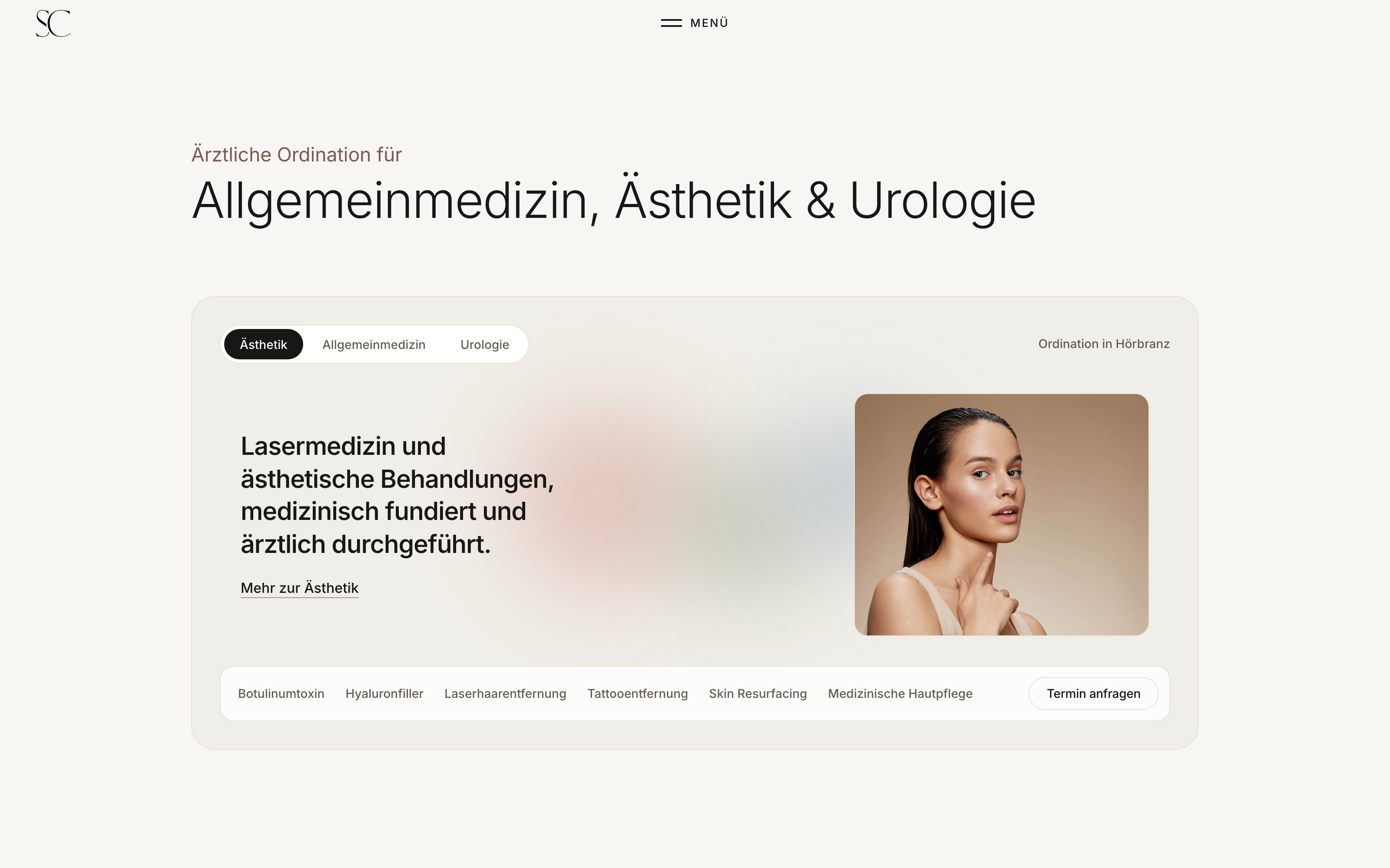 Skinchic.Med: Startseite von Skinchic.Med mit dem Umschalter zwischen Ästhetik, Allgemeinmedizin und Urologie