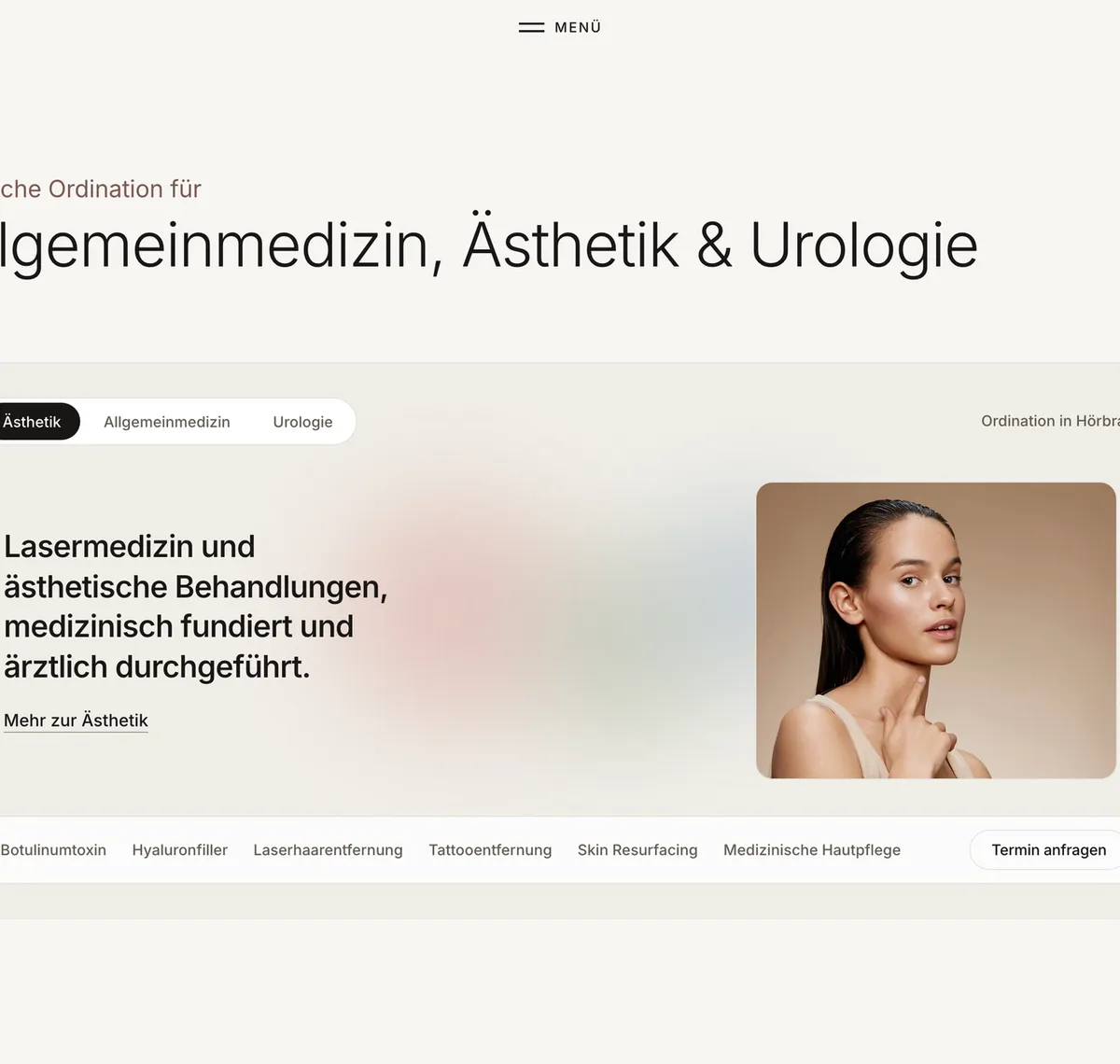 Skinchic.Med: Startseite von Skinchic.Med mit dem Umschalter zwischen Ästhetik, Allgemeinmedizin und Urologie