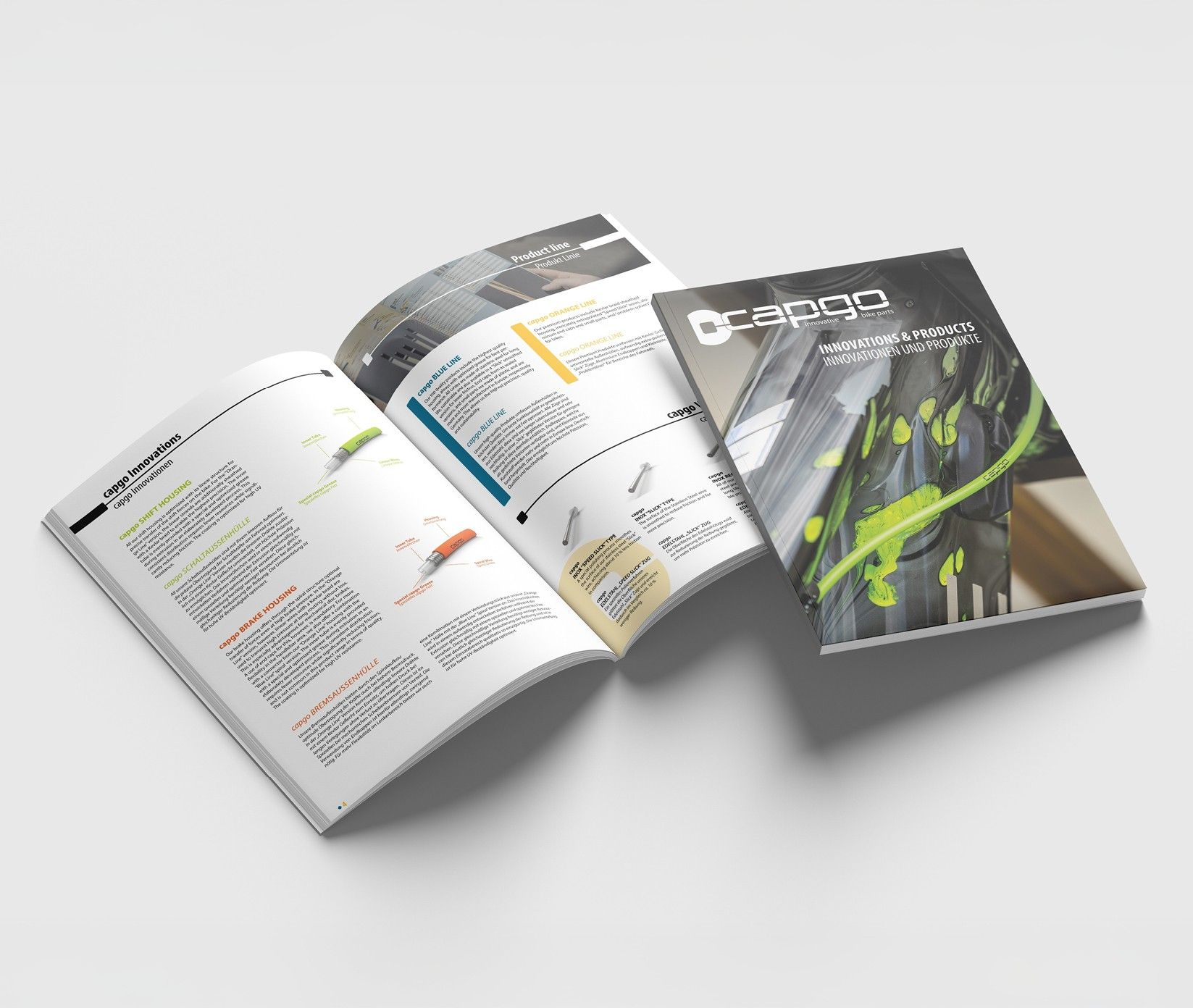 capgo: Aufgeschlagener capgo-Produktkatalog neben dem geschlossenen Titel mit grünem Zughüllen-Motiv