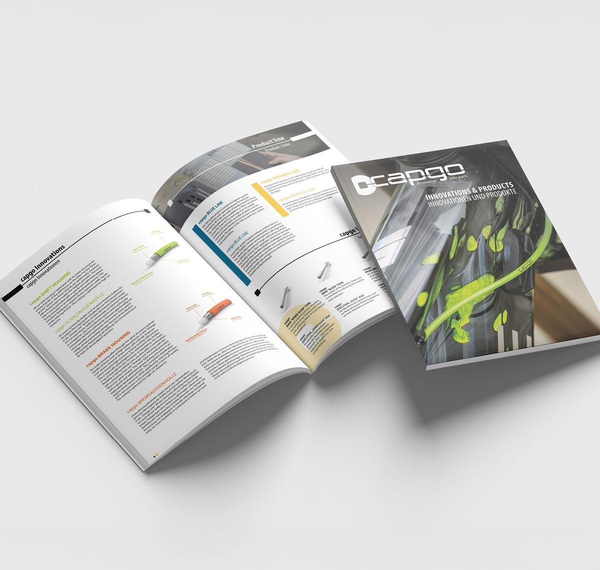 capgo: Aufgeschlagener capgo-Produktkatalog neben dem geschlossenen Titel mit grünem Zughüllen-Motiv