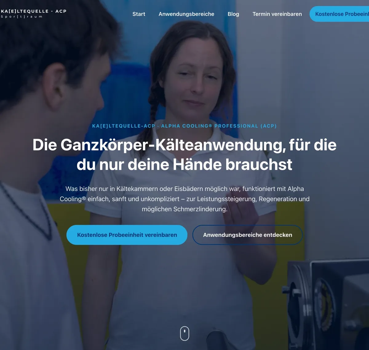 Kältequelle: Startseite von kaeltequelle.at mit der Ganzkoerper-Kaelteanwendung