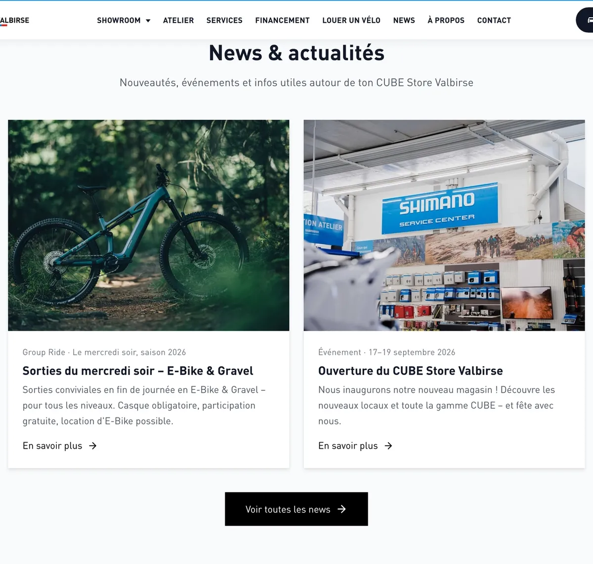 CUBE Store Valbirse: Der Newsbereich auf cubestorevalbirse.ch mit Terminen und der Ladeneroeffnung