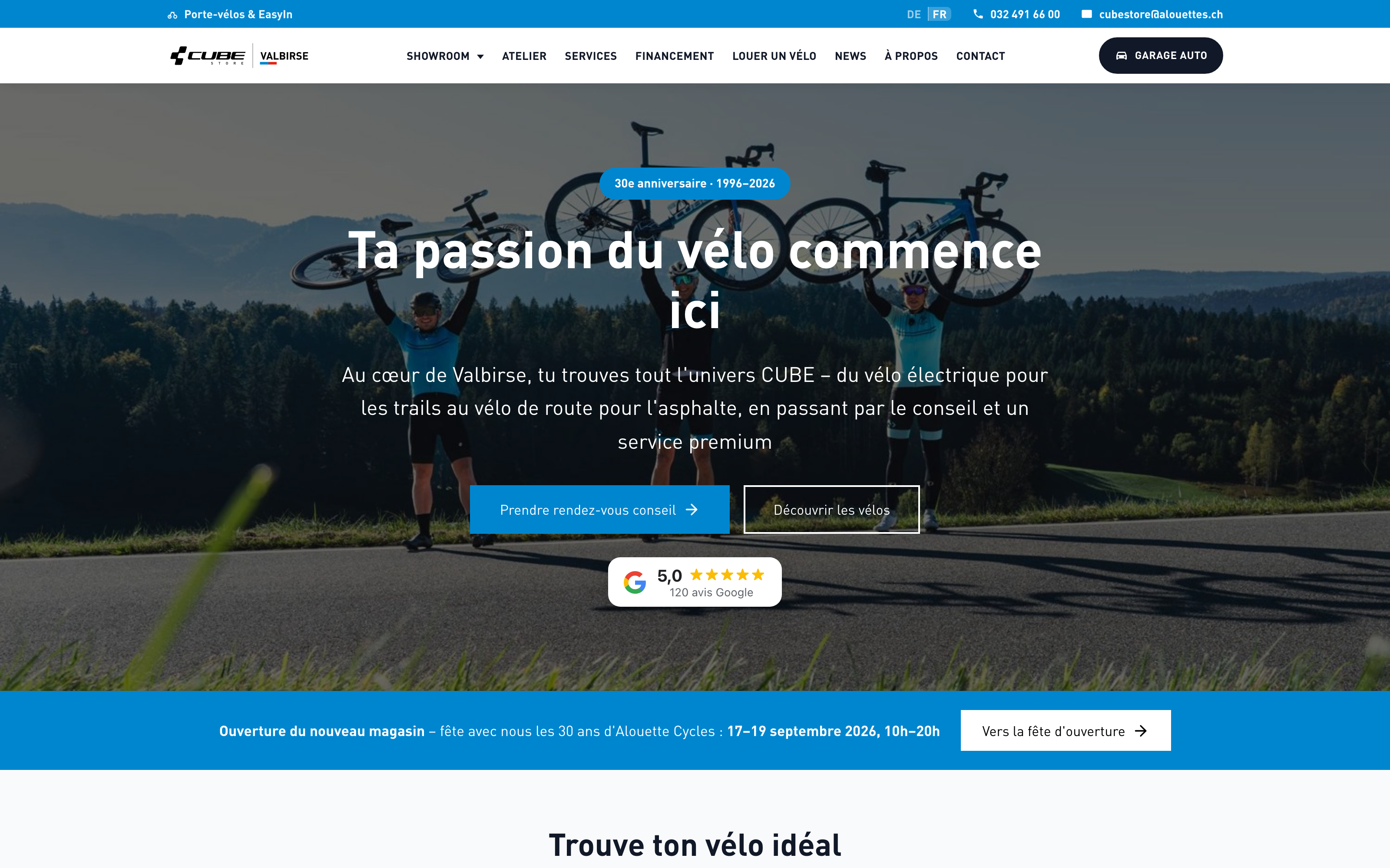 CUBE Store Valbirse: Startseite von cubestorevalbirse.ch mit Radfahrern auf einer Passstrasse