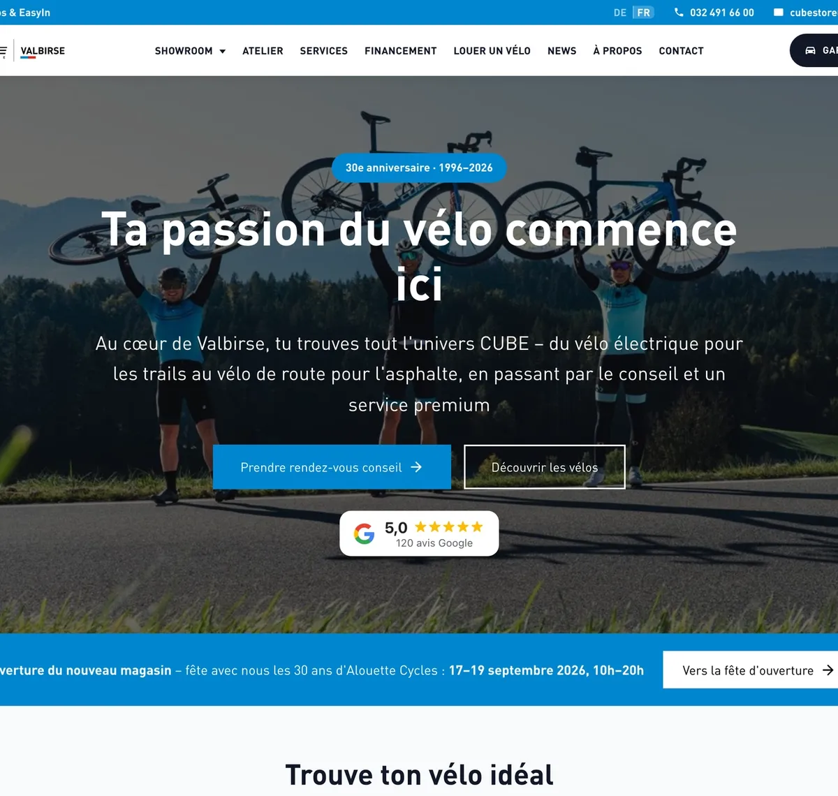 CUBE Store Valbirse: Startseite von cubestorevalbirse.ch mit Radfahrern auf einer Passstrasse