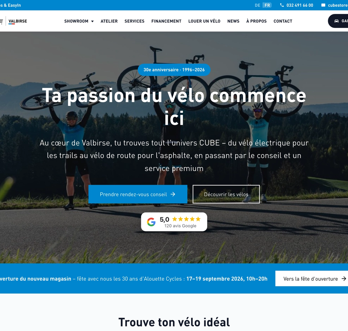 CUBE Store Valbirse: Startseite von cubestorevalbirse.ch mit Radfahrern auf einer Passstrasse