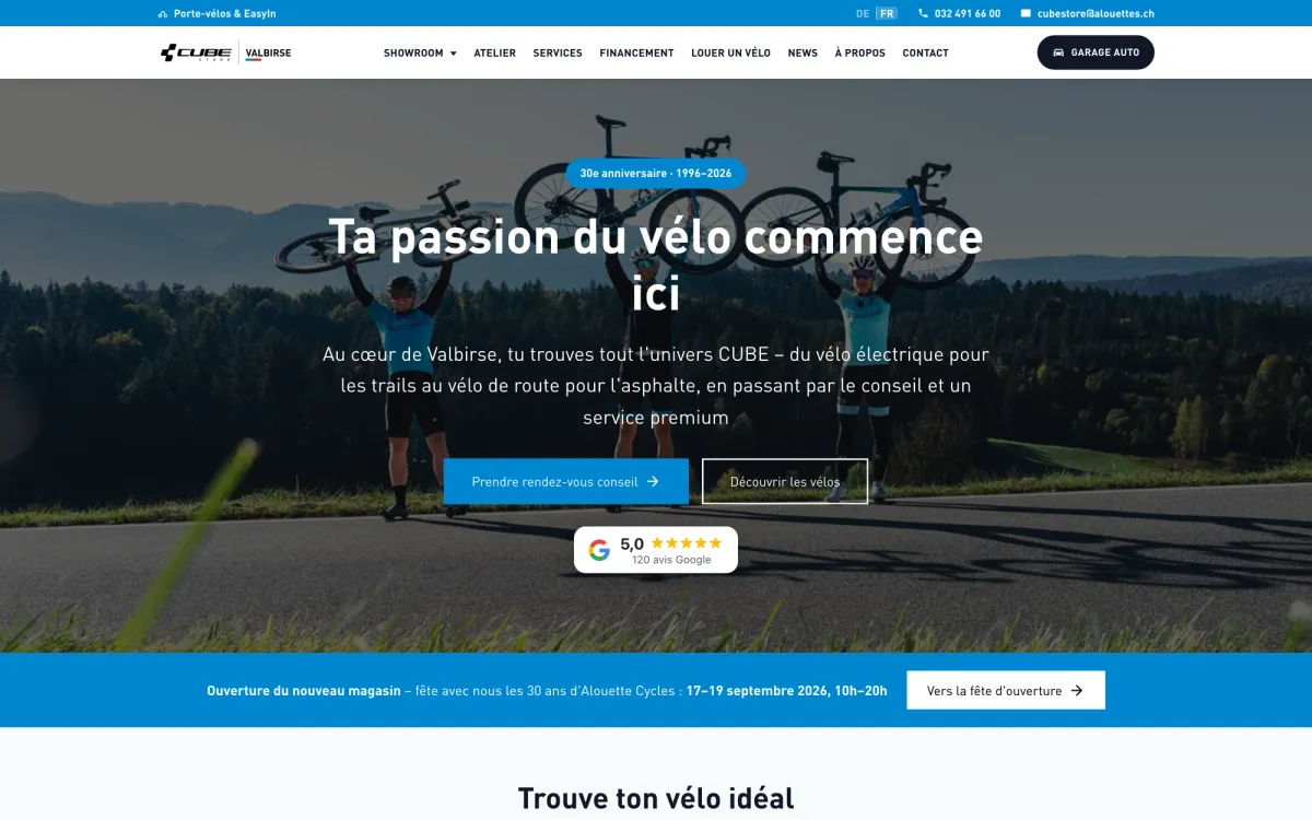 CUBE Store Valbirse: Startseite von cubestorevalbirse.ch mit Radfahrern auf einer Passstrasse