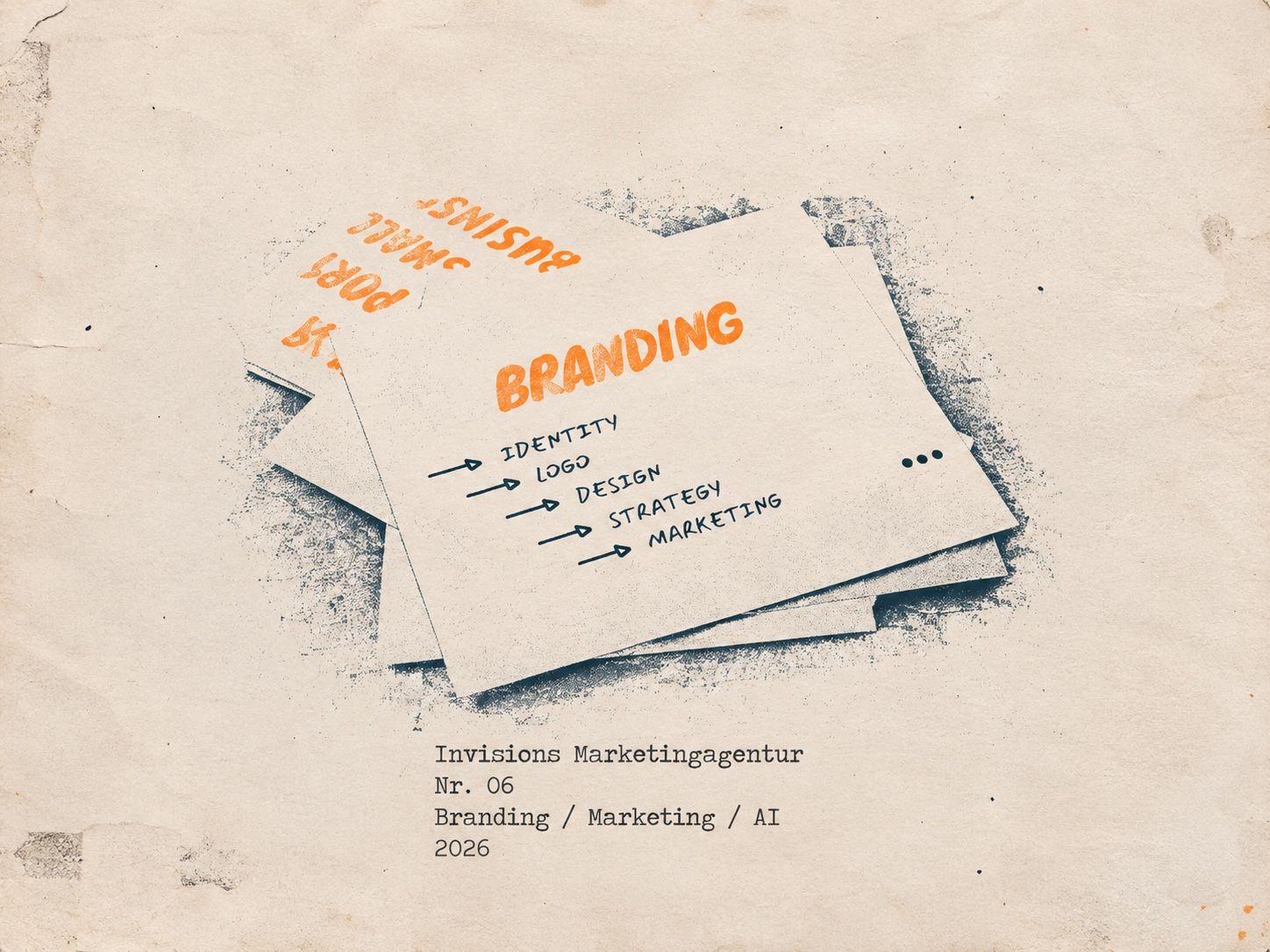 Druckgrafik auf vergilbtem Papier: ein Stapel loser Blätter, obenauf eines mit dem orangefarbenen Schriftzug BRANDING und fünf handgeschriebenen Pfeilzeilen Identity, Logo, Design, Strategy, Marketing, darunter getippt Invisions Marketingagentur, Nr. 06, Branding / Marketing / AI, 2026