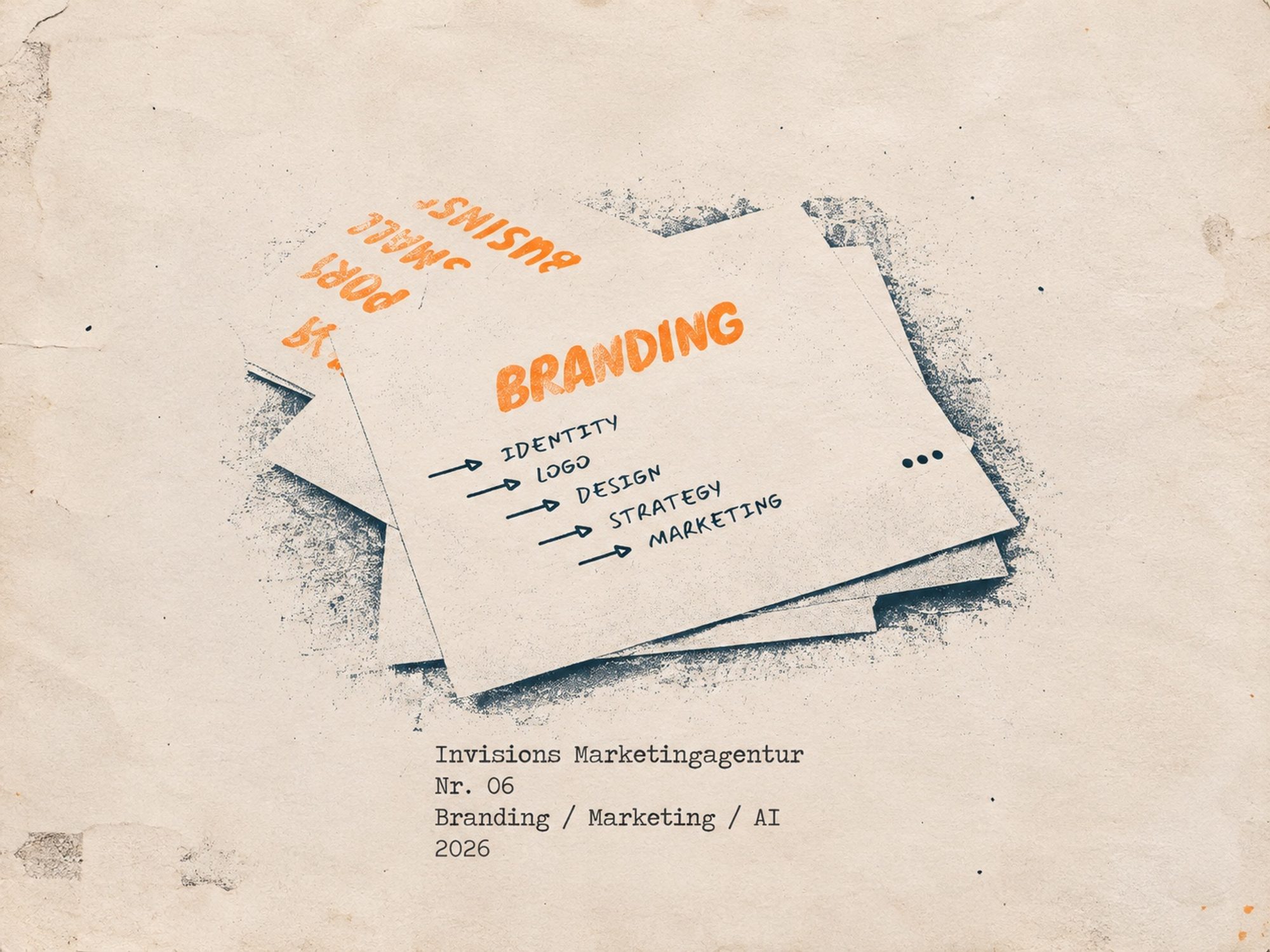 Druckgrafik auf vergilbtem Papier: ein Stapel loser Blätter, obenauf eines mit dem orangefarbenen Schriftzug BRANDING und fünf handgeschriebenen Pfeilzeilen Identity, Logo, Design, Strategy, Marketing, darunter getippt Invisions Marketingagentur, Nr. 06, Branding / Marketing / AI, 2026