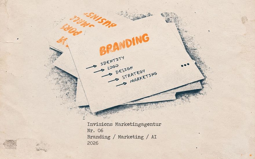 Druckgrafik auf vergilbtem Papier: ein Stapel loser Blätter, obenauf eines mit dem orangefarbenen Schriftzug BRANDING und fünf handgeschriebenen Pfeilzeilen Identity, Logo, Design, Strategy, Marketing, darunter getippt Invisions Marketingagentur, Nr. 06, Branding / Marketing / AI, 2026
