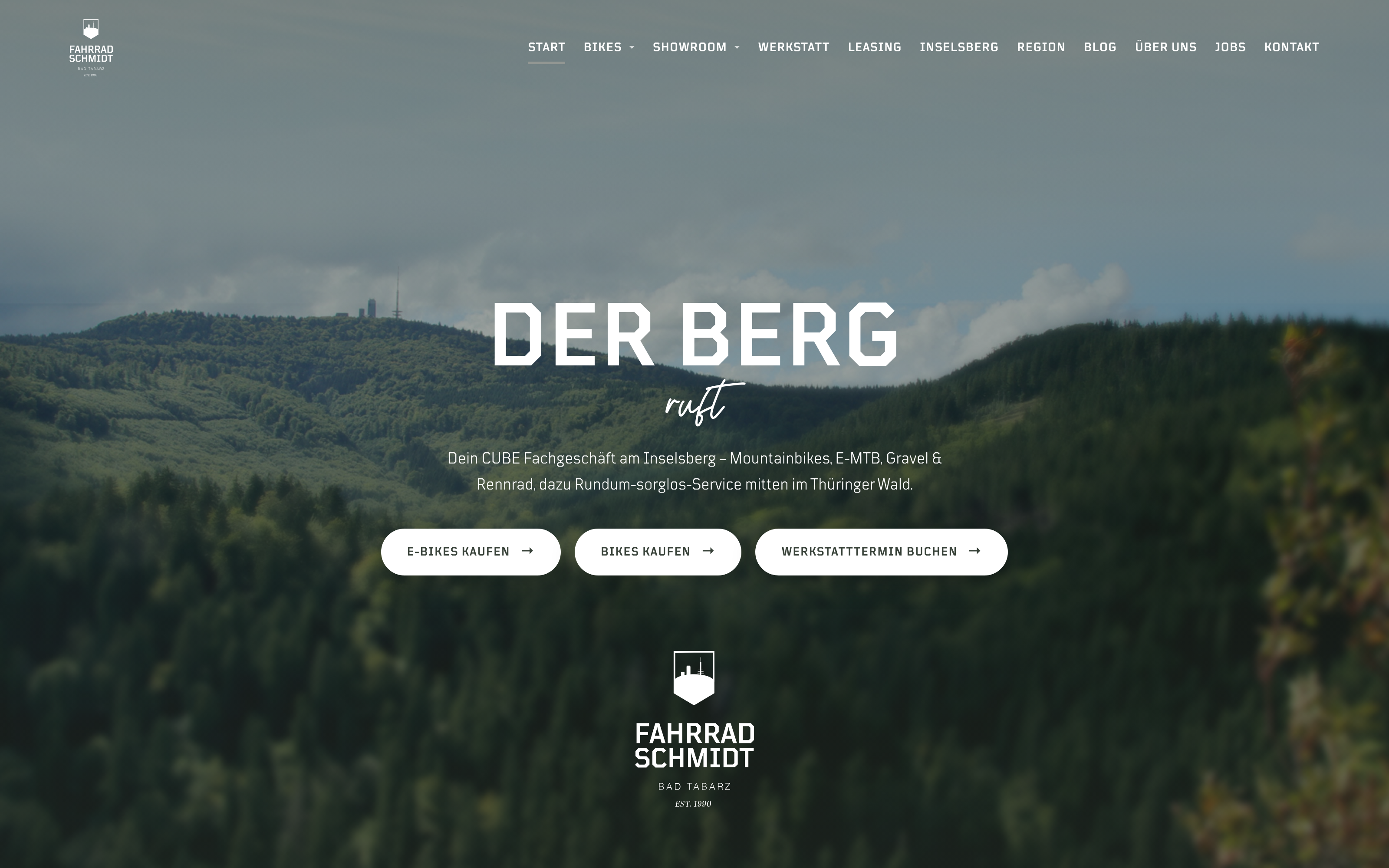 Fahrrad Schmidt: Startseite von fahrrad-schmidt.de mit dem Blick ueber den Thueringer Wald und dem Titel Der Berg ruft