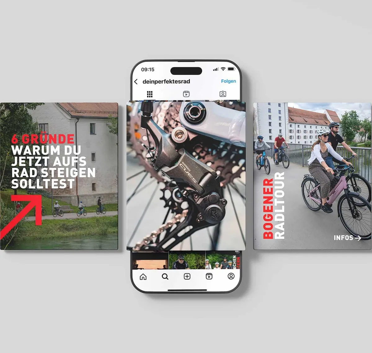 Dein perfektes Rad: Set aus Social-Media-Kacheln und Smartphone mit den Motiven „6 Gründe, warum du jetzt aufs Rad steigen solltest" und „Bogener Radltour"