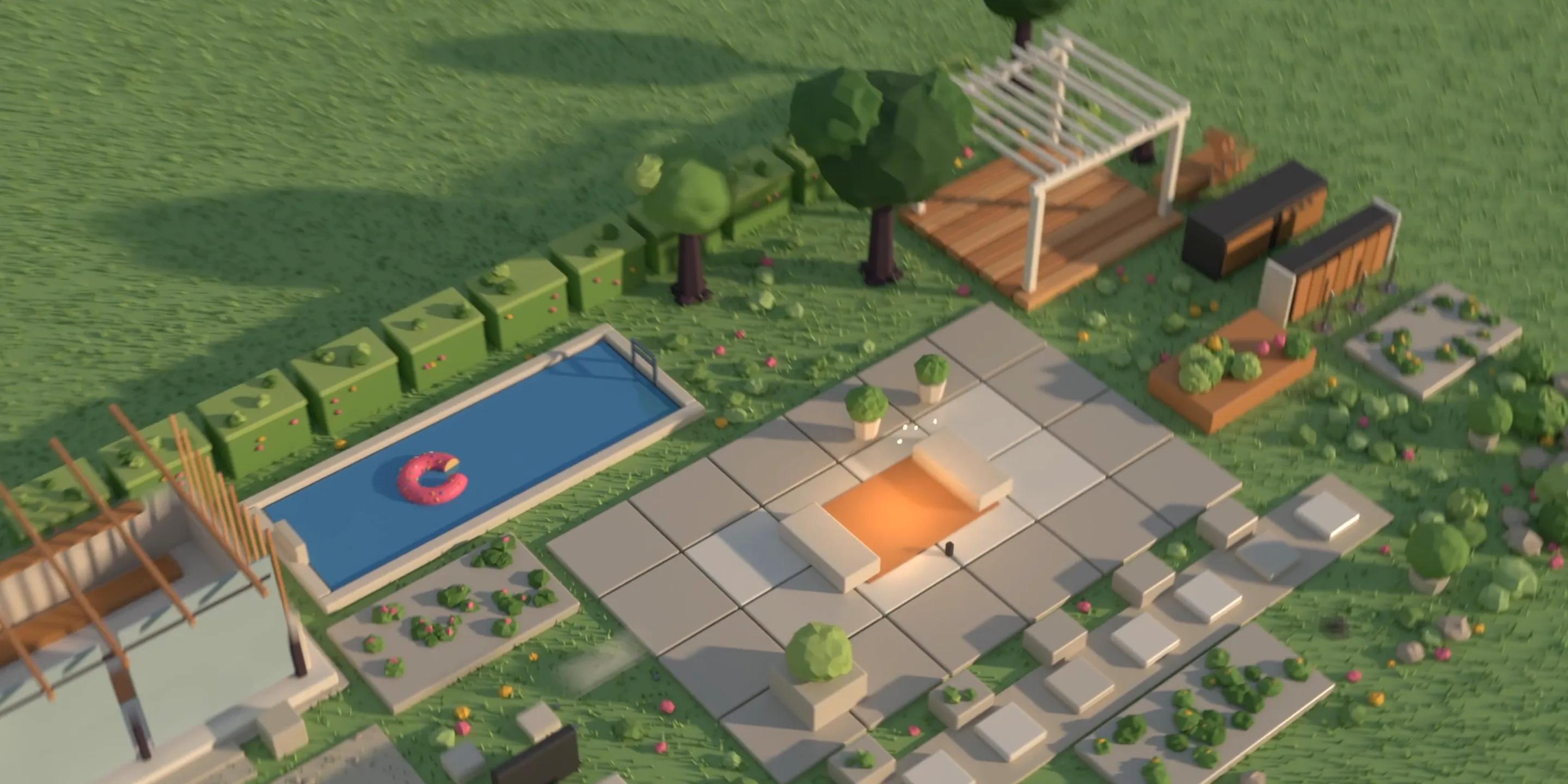 Gartenbau Lechner: Ein dreidimensional gerenderter Garten von oben, mit Pool, Terrasse, Feuerstelle und Pergola.