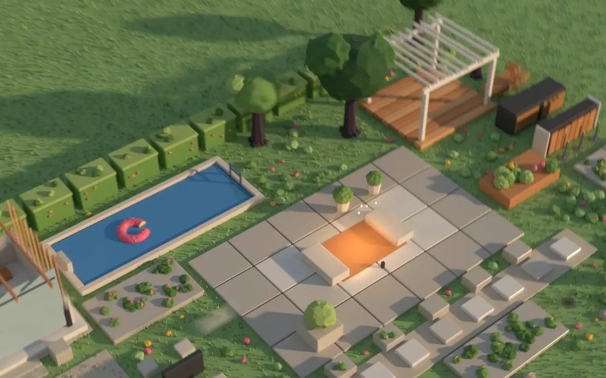 Gartenbau Lechner: Ein dreidimensional gerenderter Garten von oben, mit Pool, Terrasse, Feuerstelle und Pergola.