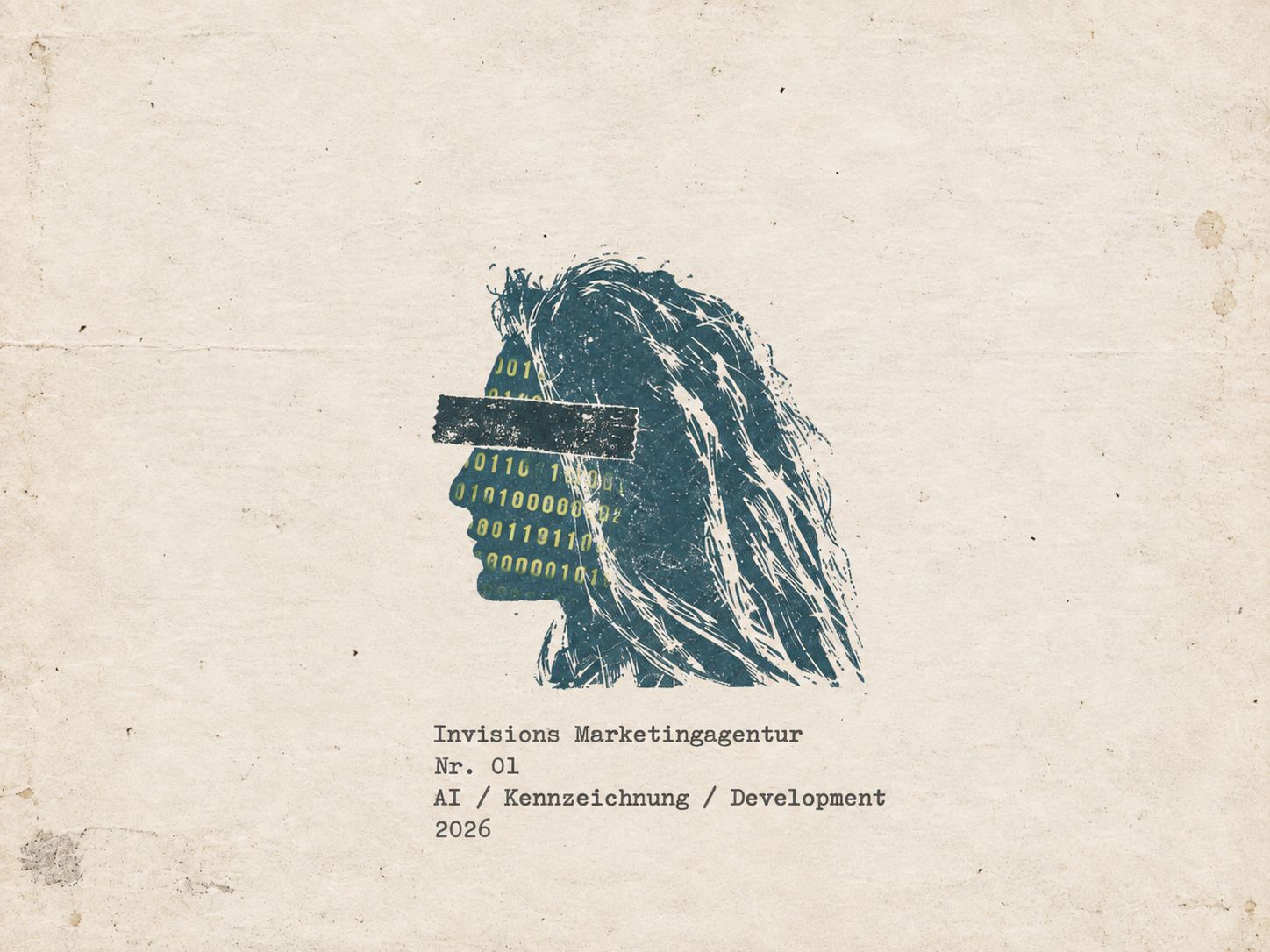 Druckgrafik auf vergilbtem Papier: ein Kopf im Profil, dessen Gesicht aus gelbgrünen Nullen und Einsen besteht und dessen Augen ein schwarzer Balken verdeckt, darunter getippt Invisions Marketingagentur, Nr. 01, AI / Kennzeichnung / Development, 2026