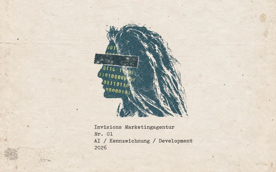 Druckgrafik auf vergilbtem Papier: ein Kopf im Profil, dessen Gesicht aus gelbgrünen Nullen und Einsen besteht und dessen Augen ein schwarzer Balken verdeckt, darunter getippt Invisions Marketingagentur, Nr. 01, AI / Kennzeichnung / Development, 2026