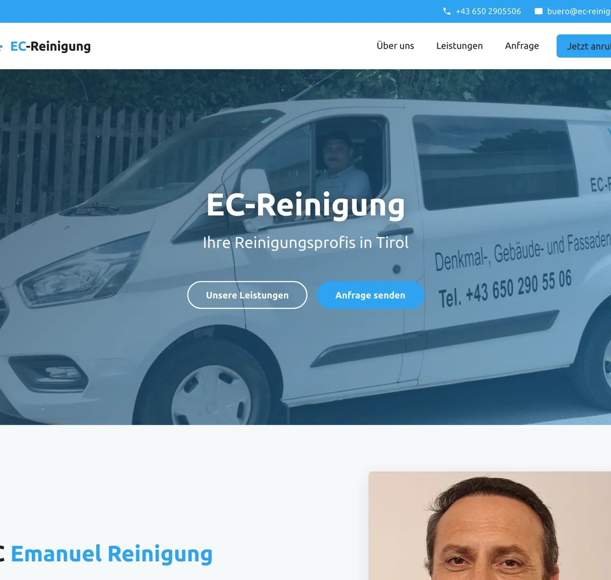 EC-Reinigung: Startseite von ec-reinigung.at mit dem Firmenfahrzeug der Reinigungsprofis in Tirol