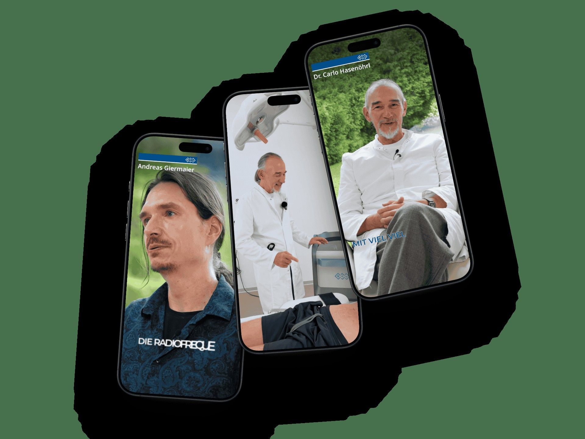 BTL Aesthetics: Drei freigestellte Smartphones auf grünem Grund zeigen Interviewclips mit Ärzten