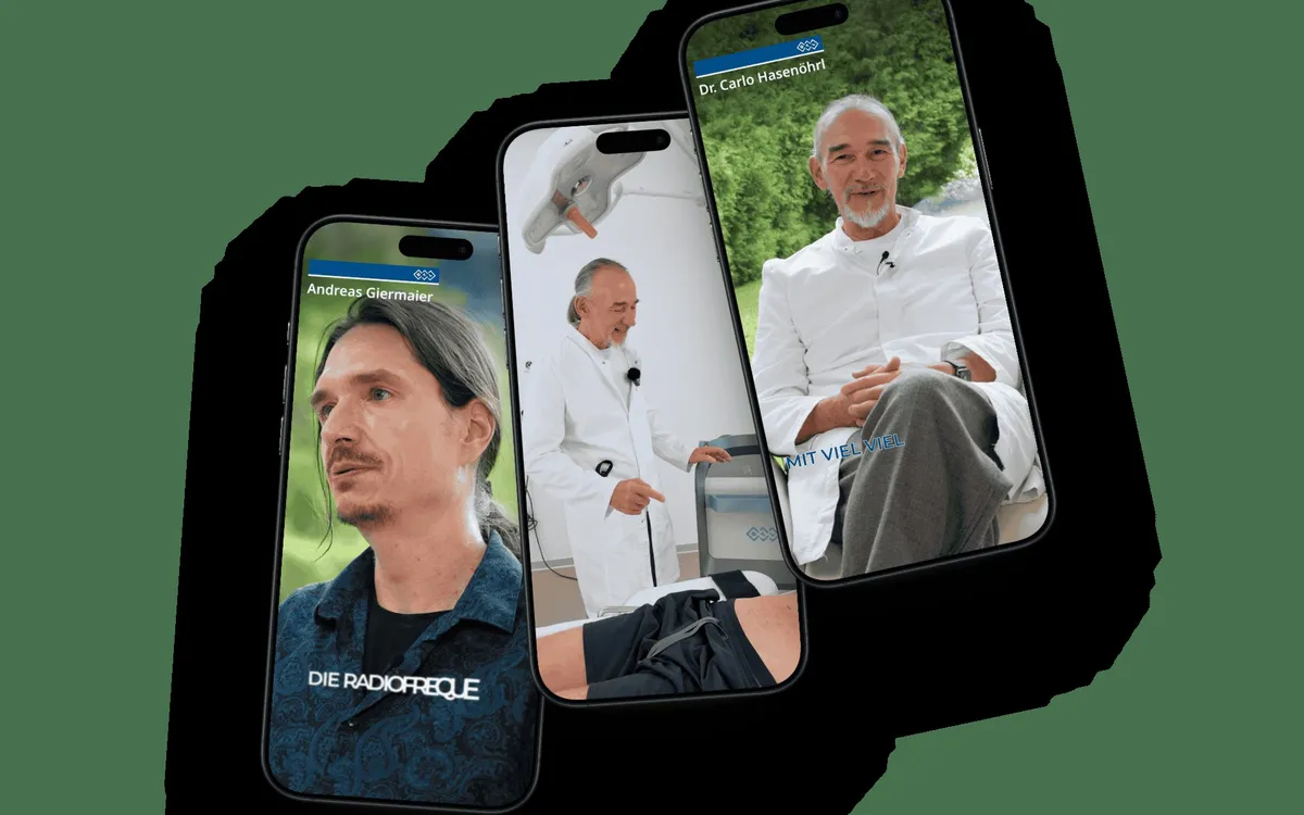 Videoproduktion: Drei freigestellte Smartphones auf grünem Grund zeigen Interviewclips mit Ärzten