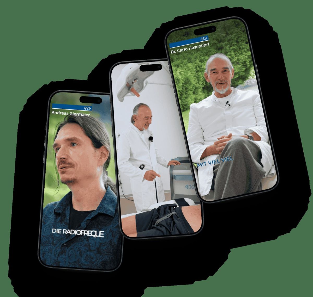 BTL Aesthetics: Drei freigestellte Smartphones auf grünem Grund zeigen Interviewclips mit Ärzten