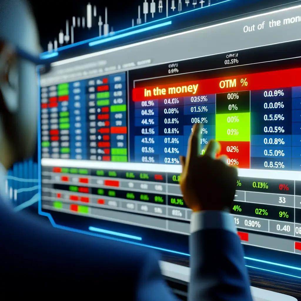 Trader pointing at 'In the Money' options trades on a trading screen
