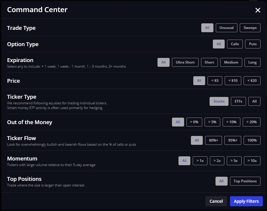 InsiderFinance Command Center to filter the real-time options flow to fit your trade style