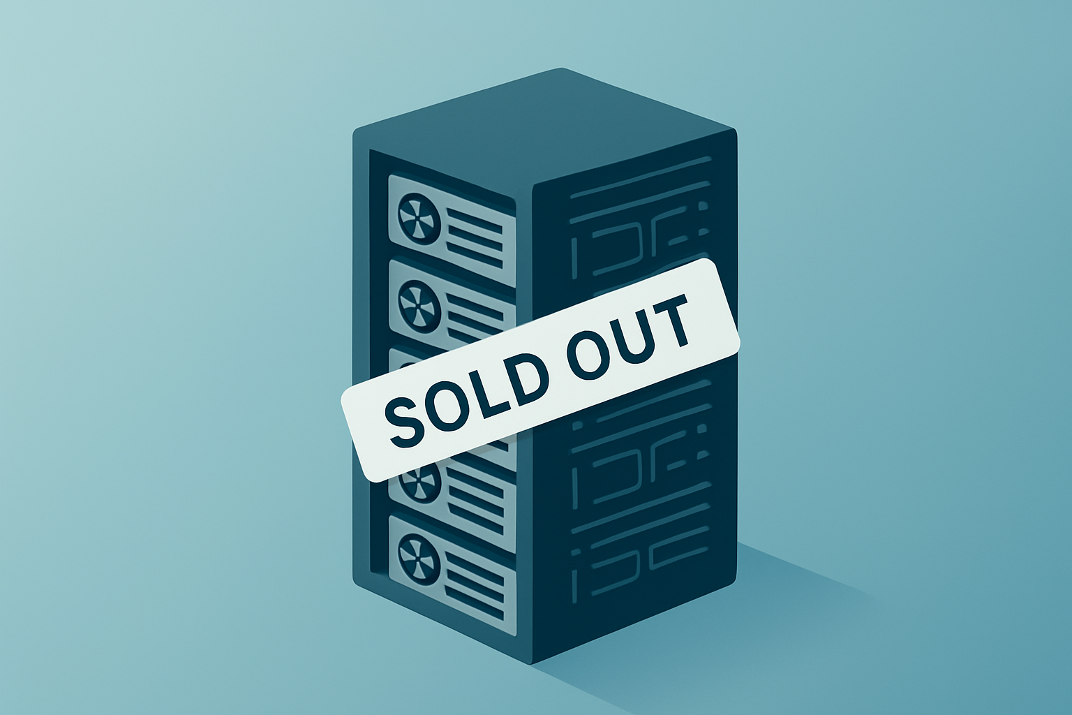Flat diagonal vector of a sold-out server rack powering GPUs on a slate-ice gradient, illustrating Nvidia earnings strength.