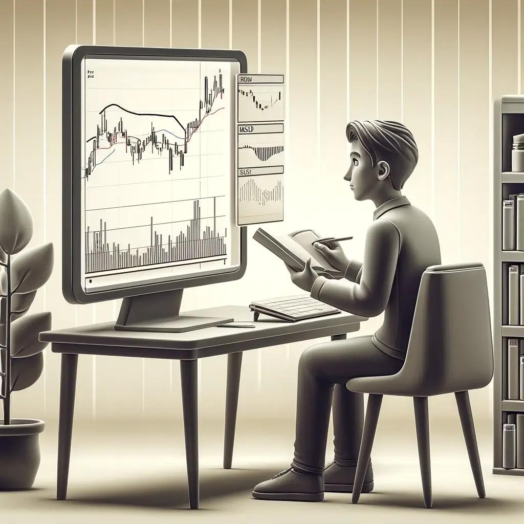 Trader analyzing technical analysis stock charts on computer.