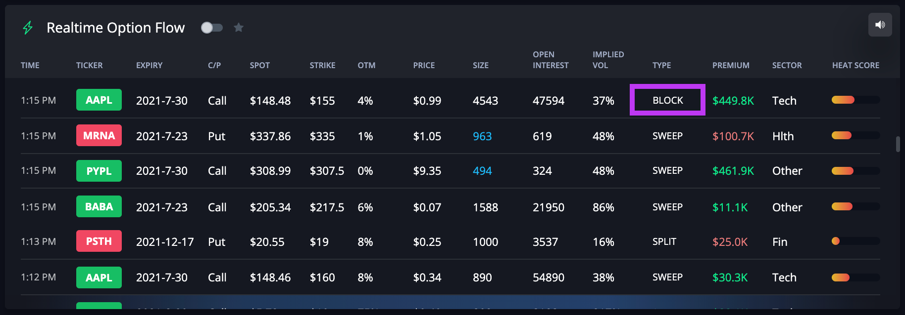 InsiderFinance real-time options flow dashboard displaying block options flow orders