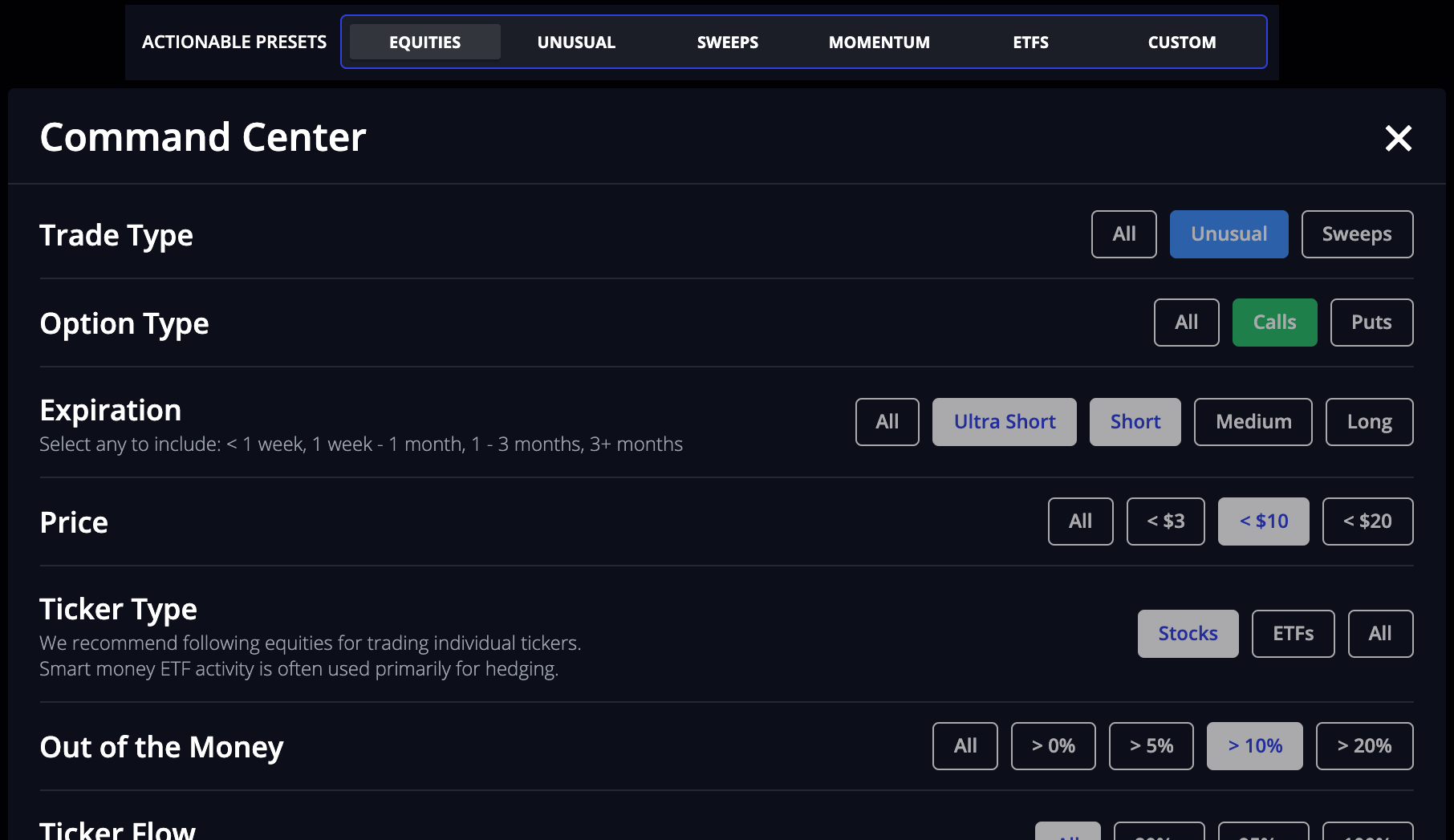 Detailed overview of the InsiderFinance options flow filters and one-click filter presets