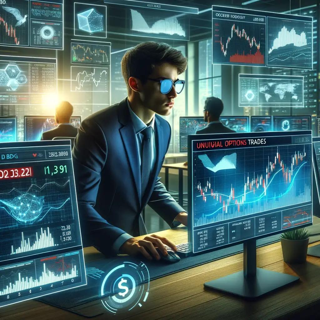 Analyst in suit analyzing smart money options trades on multiple screens.