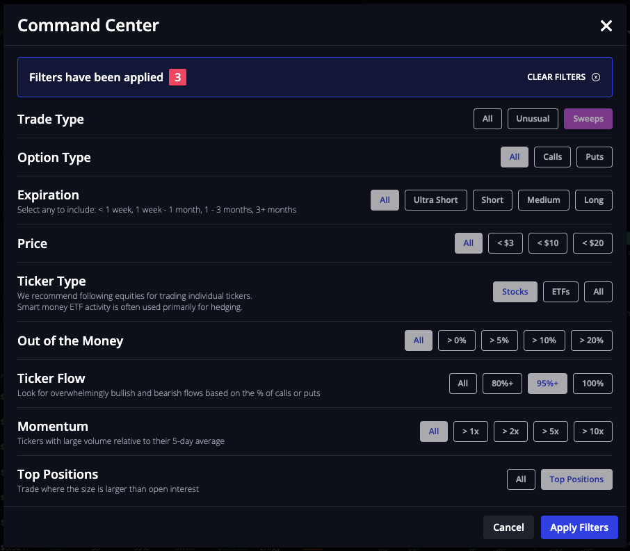 InsiderFinance Command Center with filters applied for Golden Sweep Activity