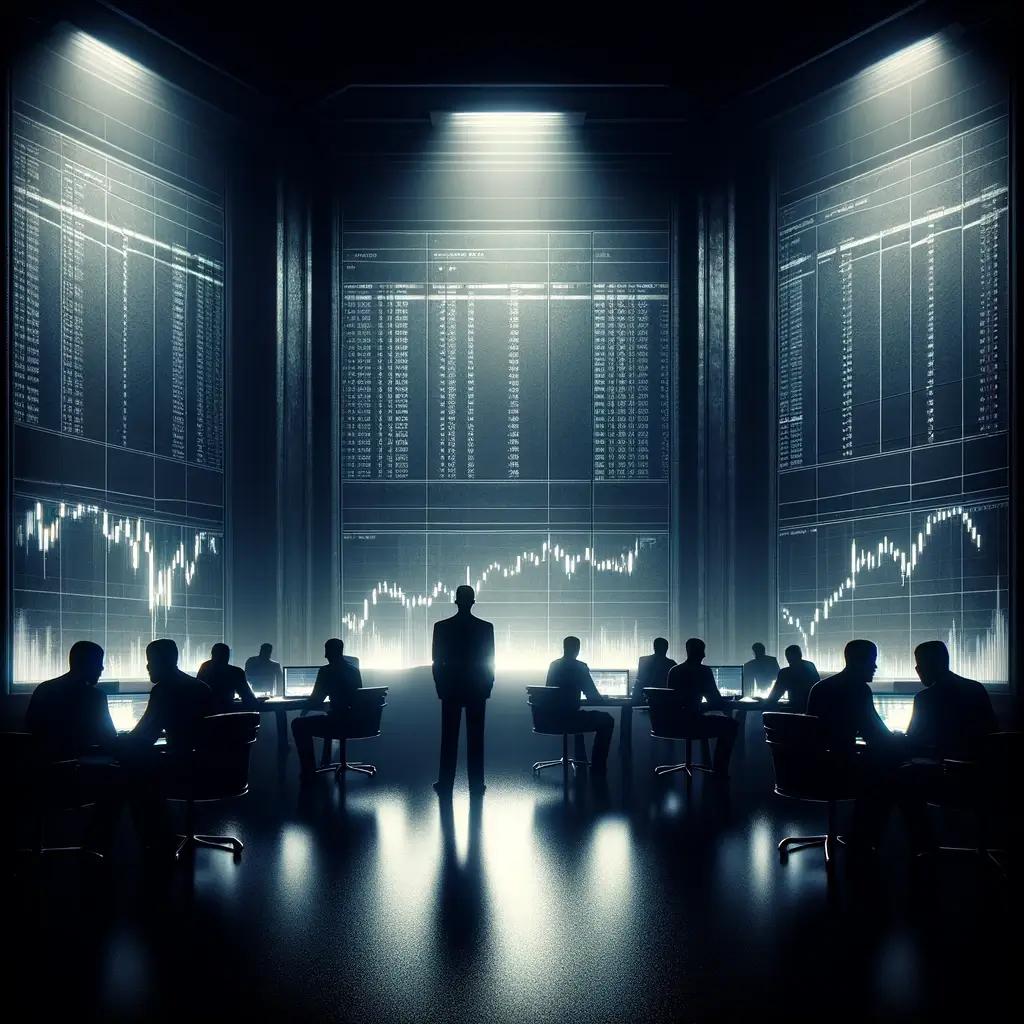 Options traders, depicted as silhouettes, monitor large, opaque screens displaying secretive block trades in dark pools