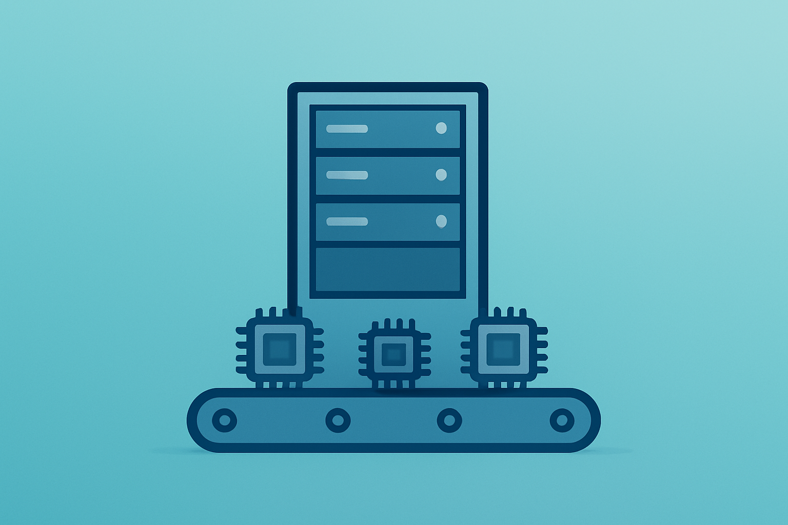 Flat vector server rack paired with factory elements to represent the Foxconn OpenAI partnership and U.S. AI hardware scale