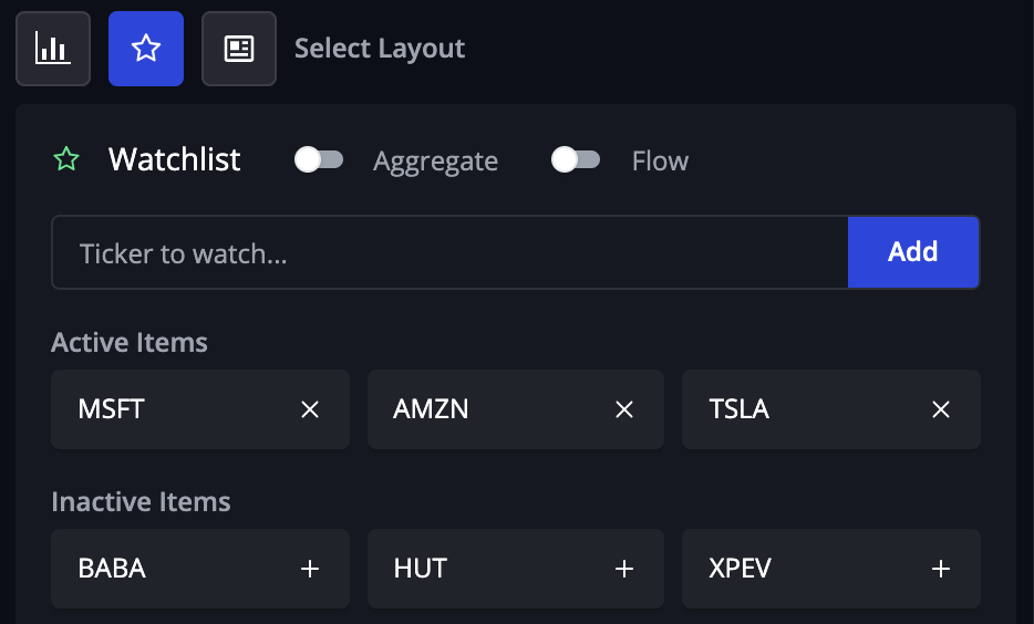 Image of the InsiderFinance custom watch list to filter options flow and dark pool trades