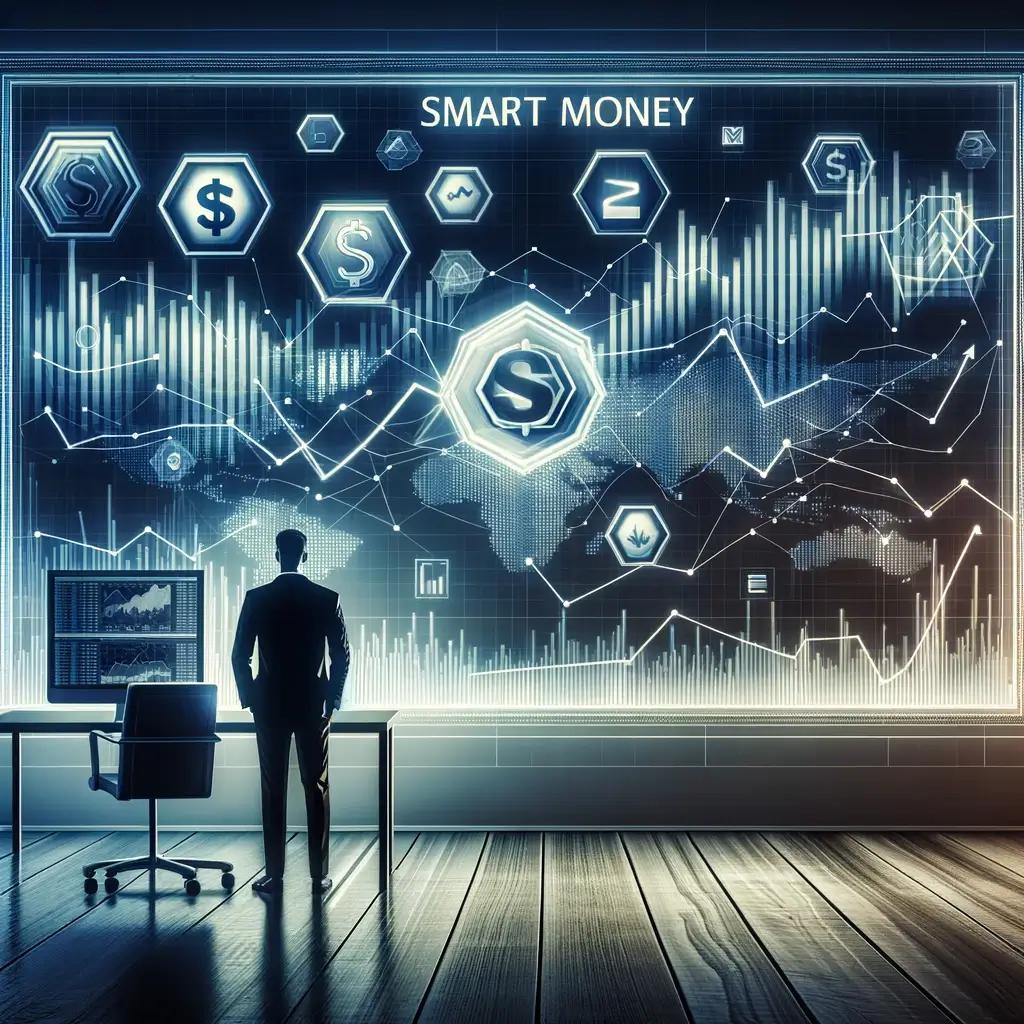 Investor observing digital 'Smart Money' finance concept display.