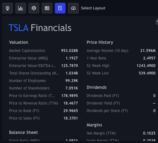 TSLA Financial Information widget with valuation, price history, and balance sheet data