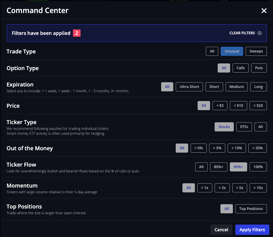 InsiderFinance Command Center with filters applied for Unusual Options Activity